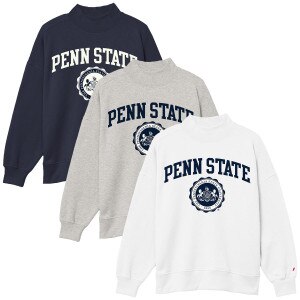 women's navy, heather gray, and white mock neck sweatshirts with Penn State and University Seal